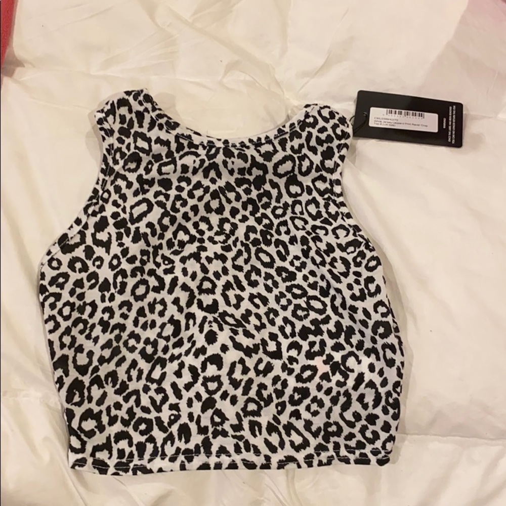 White jersey leopard print racer crop top